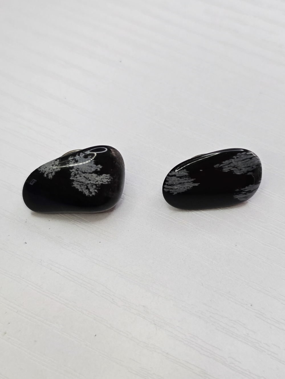 Polished Black Snowflake Obsidian Stone Clip On Earrings